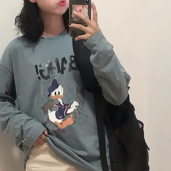Disney T-Shirt Žena Dlhý Rukáv Donald Duck Tlač Cartoon T Shirt Roztomilý Retro Top Ročník Dievčatá O Krk Jeseň Najlepšie Kórejský Dámy