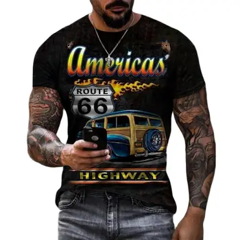 Letné Tričko Muž Route 66 T-shirt pánske Ulice T-shirt O-krku-Krátke rukávy Streetwear Muž Bežné Nadrozmerné tričká, Topy
