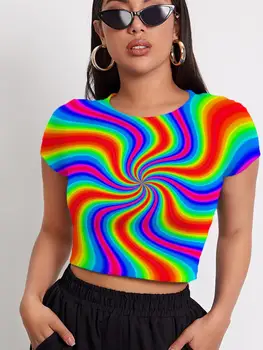 3d Tričko Závraty T-shirt Ženy Rainbow Tshirts Bežné Farebné Tričko Tlač Harajuku Pupok Holé Dámske Oblečenie Lete
