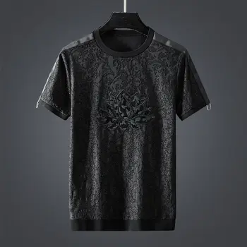 Čínsky štýl svetlo luxusné módne značky-krátke rukávy T-shirt mužov 2021 lete lotus petal sequin vyšívané pol-rukávy mužov