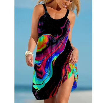 Letné Farebné Dúhy Tie Dye Vytlačené Sexy Plážové Šaty Ženy Bez Rukávov Šaty Strany Plážové Oblečenie Dievčatá Šatka Midi Nočné Šaty