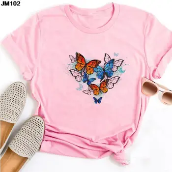 Ženy Lady Cartoon Motýľ Print T Shirt Harajuku Krátke Rukáv Tričko Žena Top Tee Lete Ženské Oblečenie Ružová Grafické T-shirt