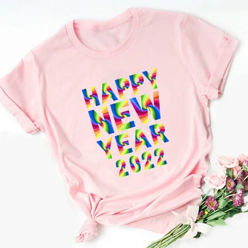 WVIOCE Šťastný Nový Rok 2022 Vytlačené Ženy Ružové tričko Bežné Ženské Krátky Rukáv Veľkosť Mäkké Ženy O Krk Oblečenie 33791