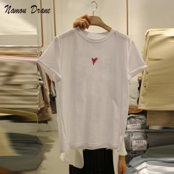 2021 Letné Módy Nové Divoké Kolo Krku kórejský Dongdaemun Sladké a Biele Láska Výšivky-Krátke rukávy Malé Čerstvé T-shirt
