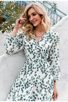 2021 Nové Elegantné Ženy Vintage Kravatu-up-line Tlačené Šaty Zelenej Listovej tvaru, Dlhý Rukáv, Biela Lístkového Rukáv Plus Veľkosť S-XXL