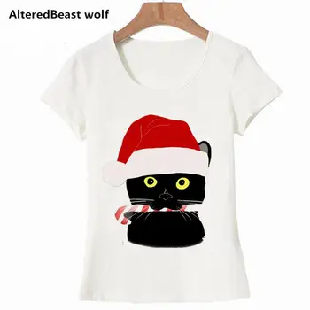 Vianočné Mačka ženy t-shirt žena Cartoon krátke rukávy Bežné ženské tričká plus veľkosť ženy biele topy módne oblečenie