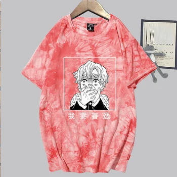 Anime tie Dye T-shirt Démon Vrah Agatsuma Zenitsu Vtipné Krátke Rukáv Hip Hop Hore