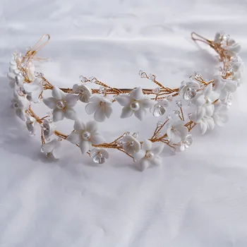 Biele Keramické Kvetinový Svadobné Tiara Hairband Krištáľové Perly Svadobné Vlasy Koruny Príslušenstvo Ručné Ženy Headpiece