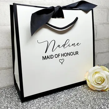 Personalizované darčeková taška luxusný biely darčeková taška so stuhou svadobný darček taška bridesmaid, darček taška svadobné party darček black giftbags